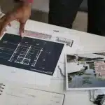 Piani di costruzione e progetti abitativi su una scrivania in ufficio con vista urbana